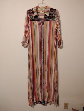 SAVANNAH JANE Striped Button Front Multicolor Embroidered Maxi Dress